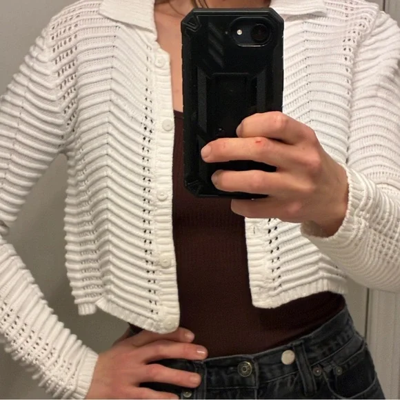 Cotton On White Cropped Pointelle Knit Button Cardigan - Picture 6 of 14